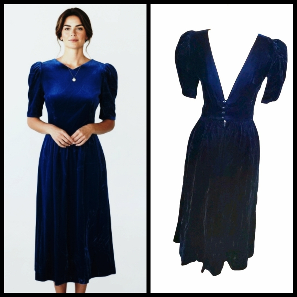 VTG Blue Velvet Dress Cocktail Evening Formal Low Back Sz Small Pockets Party